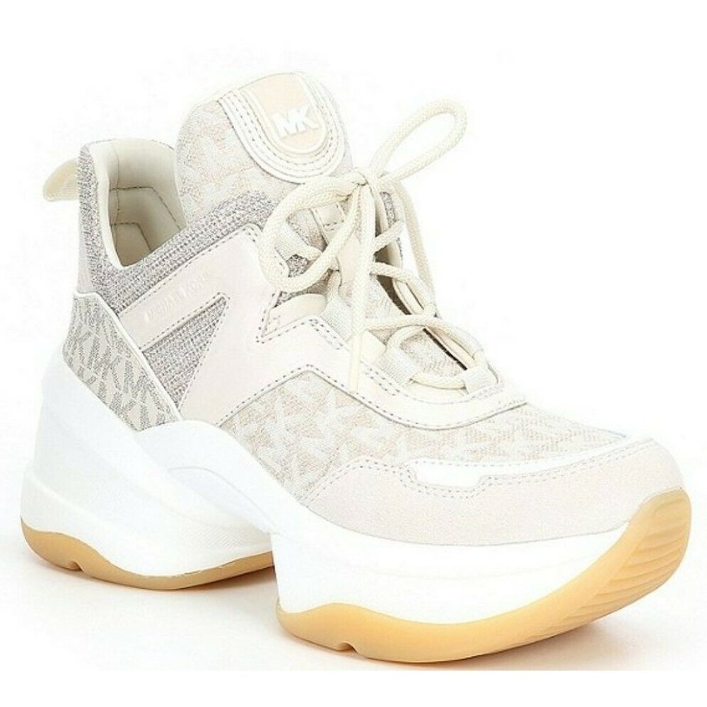 Michael Kors Women's Olympia Trainer Sig Jacquard Sneaker Shoes Natural Multi